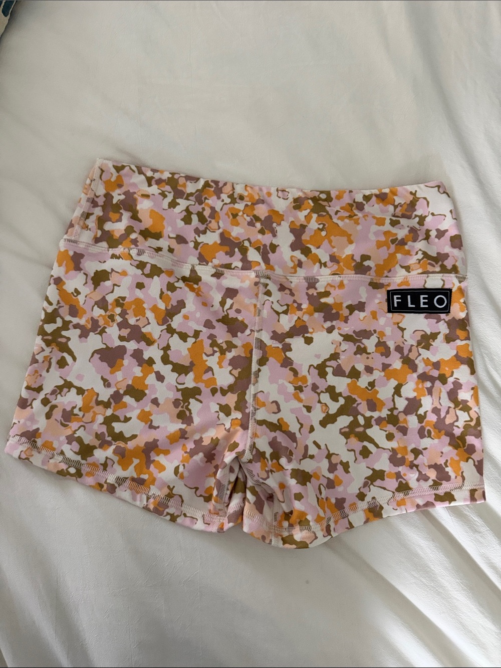 Fleo Pink Camo High-Rise Bike Shorts with Orange & Tan Accents-4 inch seam